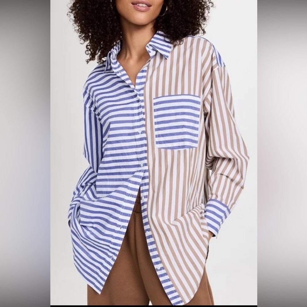 Apiece Apart Oversized Button Up Shirt Striped Resort Organic Cotton XS Blue